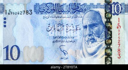 Sheikh Omar al-Mukhtar (about ca. 1860-1931), national hero of Libya. Portrait from Libya 10 Dinar 2015 Banknotes Stock Photo