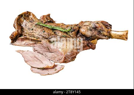 Slow Cooked grilled lamb mutton shoulder meat with herbs and spices on wooden board. Isolated, white background Stock Photo