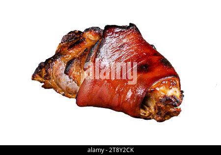 Traditional German cuisine Roasted pork knuckle Schweinshaxe with Sauerkraut. Isolated, white background Stock Photo