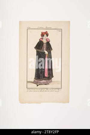 Fashion plate: 'Lady in evening suit with cape from Paris', Unknown, 1822, paper, colorised, copperplate engraving, height 21, 5 cm, width 12, 2 cm, plate size 15, 5×9 cm, Fashion, Bourgeoisie, Biedermeier, Nightlife, fashion plates, head-gear, coat, cape, woman, dress, gown, The Vienna Collection Stock Photo