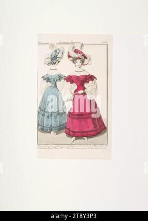 Fashion picture: Two figures, blue and red velvet dress decorated with fringes, white ham sleeves, Unknown, 1829, paper, colored, copperplate engraving, height 19, 8 cm, width 11, 9 cm, plate size 17, 6×11, 4 cm, Fashion, Bourgeoisie, Biedermeier, fashion plates, head-gear, woman, dress, gown, The Vienna Collection Stock Photo