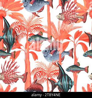 Seamless pattern with sea fishes and trees. Vector. Stock Vector
