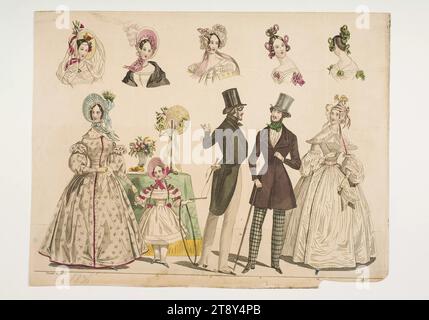 Fashion picture: Five figures, women's, men's and children's fashions, hats and hairstyles, Unknown, 1836, paper, colored, copperplate engraving, plate size 27, 8×21, 5 cm, fashion, bourgeoisie, Biedermeier, family, fashion plates, headdress, fashion, clothes (+ girls clothes), hairstyle, dandy, beau, coat, girls dress, woman, man, child, accessories ( clothes), The Vienna Collection Stock Photo