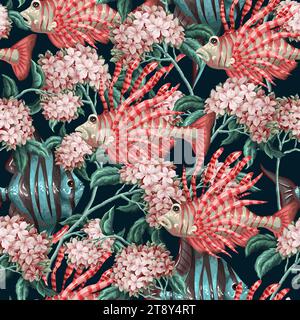 Seamless pattern with sea fishes and flowers. Vector. Stock Vector
