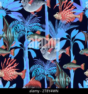 Seamless pattern with sea fishes and trees. Vector. Stock Vector