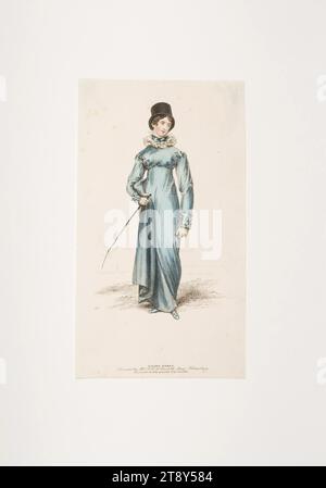 Fashion image: A figure, lady riding dress, Unknown, 1816, paper, colored, copperplate engraving, plate size 21, 7×21, 4 cm, fashion, bourgeoisie, Biedermeier, fashion plates, headgear, woman, dress, robe, The Vienna Collection Stock Photo