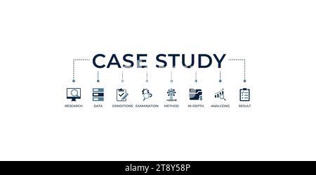 Case study banner web icon vector illustration concept with icon of research, data, conditions, examination, method, in-depth, analyzing, and result Stock Vector