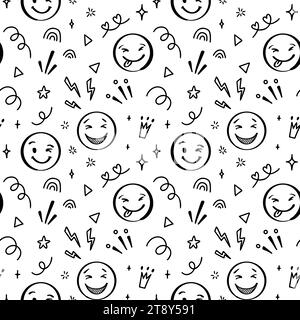Doodle emoji seamless pattern. Hand drawn sketch positive emoticons background. Freehand emotion expression design Stock Vector