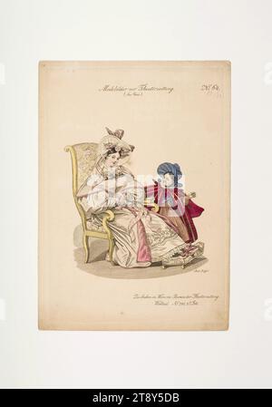 Fashion picture: Two figures, women's and children's fashions, Unknown, 1832, paper, colored, copperplate engraving, height 23, 5 cm, width 16, 7 cm, plate size 22×15, 4 cm, fashion, bourgeoisie, Biedermeier, fashion boards, headdress, fashion, clothes (+ girl's clothes), girl's dress, woman, child, gown, robe, The Vienna Collection Stock Photo