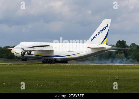 Antonov Airlines Antonov An-124-100M touching down on the runway at Lviv Airport Stock Photo