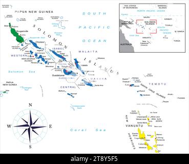 Highly detailed political vector map of Solomon islands with administrative regions and main cities. Stock Vector