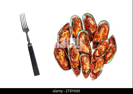 Large green mussels cooked in tomato sauce with garlic, parsley and lemon. Isolated, white background Stock Photo