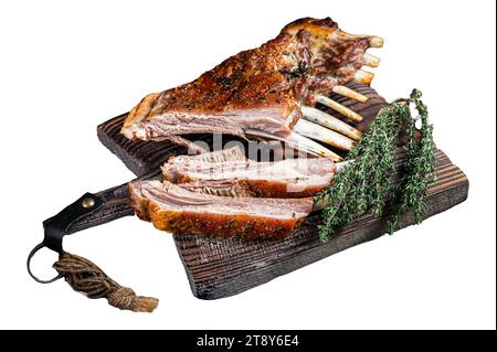 Grilled Rack of lamb ribs, mutton spareribs on wooden board. Isolated, white background Stock Photo