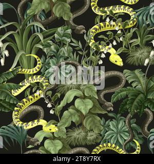 Seamless pattern with snakes and flowers. Vector. Stock Vector