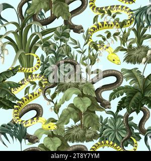 Seamless pattern with snakes and flowers. Vector. Stock Vector