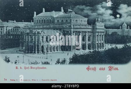 1st, Universitätsring 2 - Burgtheater, at night, side view, picture postcard, Carl (Karl) Ledermann jun., producer, date around 1898, cardboard, collotype, attractions, Ringstraße, theater, 1: Innere Stadt, theater (building), night, Burgtheater, Universitätsring, The Vienna Collection Stock Photo