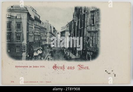1st, Stephansplatz - in 1850 - view of Rotenturmstraße, picture postcard, Carl (Karl) Ledermann jun., manufacturer, 1898, cardboard, collotype, St. Stephen's Cathedral, sights, 1st district: inner city, street, the ordinary house or row of houses, apartment house, tenement house, house with store, with people, square, place, circus etc., church (outside), Stephansplatz, The Vienna Collection Stock Photo