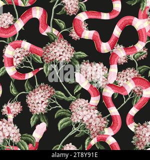 Seamless pattern with snakes and flowers. Vector. Stock Vector