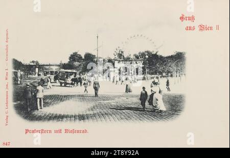 2nd, Praterstern - view against exhibition street and Ferris wheel, picture postcard, Carl (Karl) Ledermann Jr, producer, date around 1898, cardboard, collotype, sights, 2: Leopoldstadt, square, place, circus, etc., Ferris wheel, Ferris wheel, diligence, omnibus, horse-drawn streetcar, with people, Ferris wheel Vienna, The Vienna Collection Stock Photo