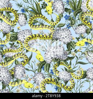 Seamless pattern with snakes and flowers. Vector. Stock Vector