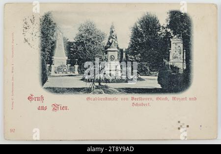 11th, Zentralfriedhof - Honorary graves of Beethoven, Gluck, Mozart and Schubert, picture postcard, Carl (Karl) Ledermann jun., producer, 1898, cardboard, collotype, illness and death, music, 11th district: Simmering, Kirchhof, cemetery, grave, tomb, sculpture, Zentralfriedhof, The Vienna Collection Stock Photo