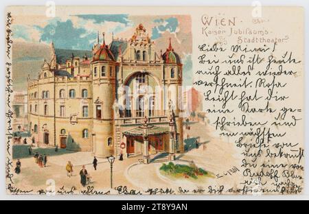 9th, Währinger Straße 78 - Volksoper, picture postcard, unknown, publisher, 1900, cardboard, color lithograph, inscription, FROM, Vienna, TO, Gries - Bozen, ADDRESS, To Hochwohlgeboren Fräulein, in Gries-Bozen Hôtel, Mon séjour Südtirol, MESSAGE, Dear Mimi!, With us today everything is also snowed again. Rosa Leicht has written you a card and in the next letter from us you will receive one from Rudolf Blumrich, because he asks you various things, With many warm greetings and kisses from all of us Elsa, Music, Theater, Media and Communication, Postcards with transliteration Stock Photo