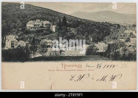 17th, Neuwaldegg - Neuwaldegger Schloss, Schloss Schwarzenberg und Fürstl. Schwarzenberg'sche Meierei, picture postcard, unknown, 1898, cardboard, collotype, info, text, The, 'Schloss Neuwaldegg', in Vienna History Wiki, Vienna Woods, nobility, 17th district: Hernals, castle, view of village, village silhouette, Neuwaldegg, Schloss Neuwaldegg, The Vienna Collection Stock Photo