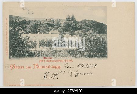 17th, Neuwaldegg - Neuwaldegger Schloss, Schloss Schwarzenberg und Fürstl. Schwarzenberg'sche Meierei, picture postcard, Hans Nachbargauer, representative, Regel & Krug Verlag, producer, 1898, cardboard, collotype, Wienerwald, aristocracy, 17th district: Hernals, castle, Neuwaldegg, The Vienna Collection Stock Photo