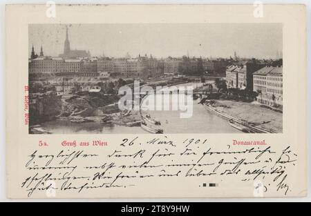 Danube Canal - View towards St. Stephen's Cathedral upstream, picture postcard, M. Kofler, Producer, 1901, paperboard, relief print, Collotype, Inscription, FROM, Vienna, TO, Abbazia, ADDRESS, Hochwolgeboren Frau Baurath's-Gemalin currently in Abbazia Villa 'Jahreszeiten', MESSAGE, March 26, 1901, Sincere thanks for the kind remembrance along with many heartfelt greetings and recommendations. We are pleased about the all-round good condition., Danube, Construction, St. Stephan's Cathedral, Media and Communication, Donaukanal, Postcards with transliteration, canals, waters (in city) Stock Photo