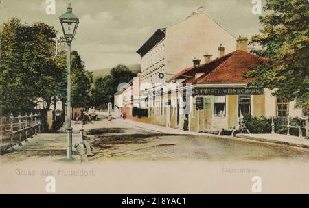 14th, Linzer Straße, bridge of the Linzer Straße over the Halterbach - with wine tavern and engl. gas lantern, picture postcard Gaslaterne, picture postcard, Unknown, 1900-1905, paperboard, heliochrome print, height×width 9×14 cm, 14th District: Penzing, street, the usual house or row of houses, flat-building, apartment house, house combined with store, street lighting, with people, bridge, Linzer Straße., The Vienna Collection Stock Photo