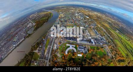 Luftbild, Chempark Leverkusen Chemiepark ehemals Bayerwerk am Fluss Rhein, halbrundes Gebäude der Konzernzentrale Bayer AG, umgeben von herbstlichen Laubbäumen, Erdkugel, Fisheye Aufnahme, Fischaugen Aufnahme, 360 Grad Aufnahme, tiny world, little planet, fisheye Bild, Wiesdorf, Leverkusen, Rheinland, Nordrhein-Westfalen, Deutschland ACHTUNGxMINDESTHONORARx60xEURO *** Aerial view, Chempark Leverkusen Chemical Park formerly Bayer plant on the river Rhine, semicircular building of the Bayer AG headquarters, surrounded by autumnal deciduous trees, globe, fisheye image, fisheye image, 360 degree i Stock Photo