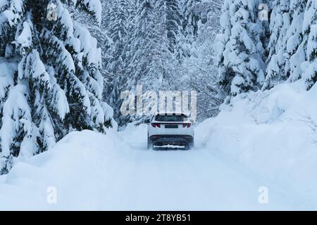 white suv car driving on a snow covered road surrounded by tall trees Stock Photo