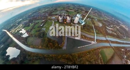 Luftbild, RWE Generation SE Kohlekraftwerk Gersteinwerk mit Schornstein und Kühltürmen, Fluss Lippemäander Lippeschleife und Lippeauen, Datteln-Hamm-Kanal, Erdkugel, Fisheye Aufnahme, Fischaugen Aufnahme, 360 Grad Aufnahme, tiny world, little planet, fisheye Bild, Stadtbezirk Herringen, Hamm, Ruhrgebiet, Nordrhein-Westfalen, Deutschland ACHTUNGxMINDESTHONORARx60xEURO *** Aerial view, RWE Generation SE coal-fired power plant Gersteinwerk with chimney and cooling towers, river Lippemäander Lippeschleife and Lippe meadows, Datteln Hamm canal, earth globe, fisheye image, 360 degree image, tiny wor Stock Photo