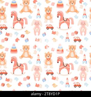 Children toys seamless pattern. Plush toys, car, cubes and rocking horse on white background. Vector illustration in cartoon style Cute kids collectio Stock Vector