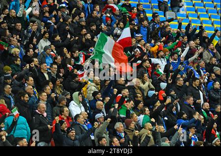 Leverkusen, Germany - November 20, 2023: Italian supporters show their support during the UEFA EURO 2024 Qualifying game Ukraine v Italy at BayArena stadium in Leverkusen, Germany Stock Photo