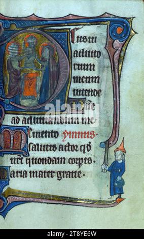 Book of Hours, Initial 'D' with Presentation in the Temple; marginal drollery of a Jew holding a basket and stick, This Book of Hours was likely produced for a member of the Augustinian Collegiate Church of Saint-Pierre at Lille along the Flemish-French border Stock Photo