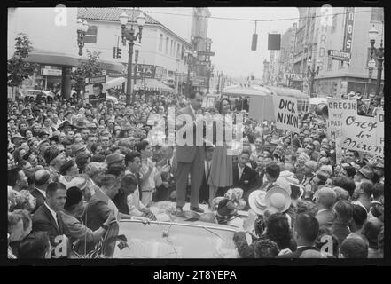 Vice-President Richard M Nixon, with his wife Pat, standing on top of car, surrounded by people, during a campaign rally in Vancouver. Visible smiling at lower left is H R Haldeman, Nixon's aide and later, White House Chief of Staff, Vancouver, Washington, 9/14/1960. (Photo by Thomas O'Halloran/US News and World Report Magazine Collection) Stock Photo