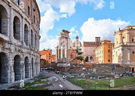 Rome, Italy - November 4 2023: The ruins of the Temple of Apollo Sosianus about Marcellus Theatre Stock Photo