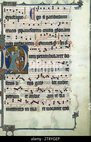 Beaupre Antiphonary, Vol. 2, St. Andrew Martyred, Historiated initial 'D', 4 line of alternating music and text for a total of 2 combined lines Stock Photo