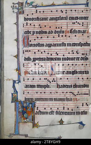 Beaupre Antiphonary, Vol. 2, St. Michael and the Dragon, Historiated initial 'F', 4 line of alternating music and text for a total of 2 combined lines Stock Photo