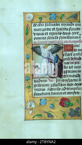 Book of Hours (for use of Tournai), St. Michael vanquishing devil, This Book of Hours was completed for the Use of Tournai and was illuminated ca. 1500 under the influence of the Master of the Prayer Books. Synthesis of text and decoration is well balanced in this manuscript Stock Photo