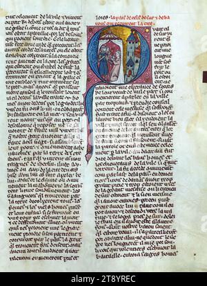 William of Tyre's Histoire d'Outre Mer, Initial 'Q' with man handing knights in tent the key to the city of Tyre, This manuscript, completed in the later part of the thirteenth century, contains William of Tyre's Estoire d'Eracles (to 1229), Les Faits des Romains (continuation, Tiberius to Julian), and a letter of Prester John. While the origin of the manuscript is debatable between Acre and Paris, Jaroslav Folda suggests a strong connection with Epinal 45, a manuscript known to have been created in Paris during this same time Stock Photo