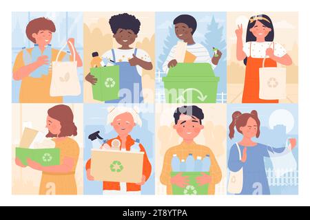 Kids collect trash for recycling set vector illustration. Cartoon happy children hold fabric bags for shopping and boxes, boys and girls sorting plastic bottles, paper garbage, cleaning environment Stock Vector