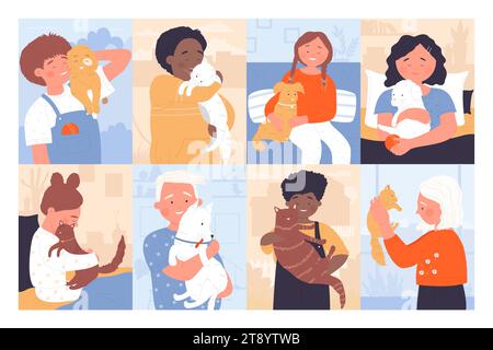 Kids holding pets set vector illustration. Cartoon happy children hold dog and cats in hands or on shoulders, cute boys and girls hug animals, little pet owners and adorable companions and friends Stock Vector