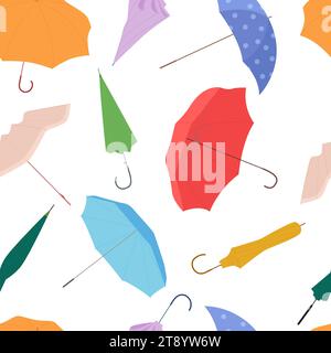 Open umbrella seamless pattern. Cartoon isolated parasols in different colors with handles and waterproof fabric vector illustration Stock Vector