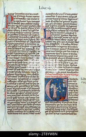 William of Tyre's Histoire d'Outre Mer, Initial 'C' with the emperor of Constantinople receiving Crusader envoys, This manuscript, completed in the later part of the thirteenth century, contains William of Tyre's Estoire d'Eracles (to 1229), Les Faits des Romains (continuation, Tiberius to Julian), and a letter of Prester John. While the origin of the manuscript is debatable between Acre and Paris, Jaroslav Folda suggests a strong connection with Epinal 45, a manuscript known to have been created in Paris during this same time Stock Photo