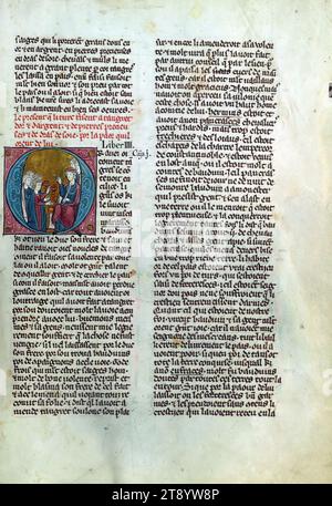 William of Tyre's Histoire d'Outre Mer, Initial 'O' with Tancred receiving gifts from Turkish and Armenian satraps, This manuscript, completed in the later part of the thirteenth century, contains William of Tyre's Estoire d'Eracles (to 1229), Les Faits des Romains (continuation, Tiberius to Julian), and a letter of Prester John. While the origin of the manuscript is debatable between Acre and Paris, Jaroslav Folda suggests a strong connection with Epinal 45, a manuscript known to have been created in Paris during this same time Stock Photo