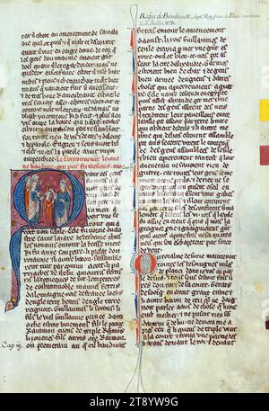 William of Tyre's Histoire d'Outre Mer, Initial 'Q' with Patriarch Amaury of Constantinople crowning Baldwin IV, This manuscript, completed in the later part of the thirteenth century, contains William of Tyre's Estoire d'Eracles (to 1229), Les Faits des Romains (continuation, Tiberius to Julian), and a letter of Prester John. While the origin of the manuscript is debatable between Acre and Paris, Jaroslav Folda suggests a strong connection with Epinal 45, a manuscript known to have been created in Paris during this same time Stock Photo