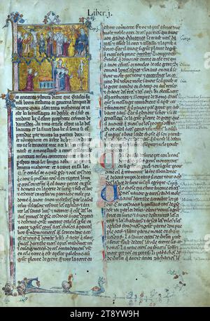 William of Tyre's Histoire d'Outre Mer, Initial 'L' with (above) the Crucifixion, and the First Crusade being preached by Pope Urban II; (below) man kneeling in prayer before altar, and people worshiping idols, This manuscript, completed in the later part of the thirteenth century, contains William of Tyre's Estoire d'Eracles (to 1229), Les Faits des Romains (continuation, Tiberius to Julian), and a letter of Prester John Stock Photo