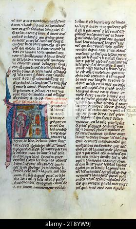 William of Tyre's Histoire d'Outre Mer, Initial 'A' with the siege of Alexandria, This manuscript, completed in the later part of the thirteenth century, contains William of Tyre's Estoire d'Eracles (to 1229), Les Faits des Romains (continuation, Tiberius to Julian), and a letter of Prester John. While the origin of the manuscript is debatable between Acre and Paris, Jaroslav Folda suggests a strong connection with Epinal 45, a manuscript known to have been created in Paris during this same time Stock Photo